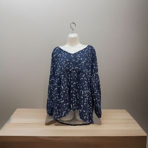 Wonderly XLarge Top Boho Peasant Elastic Sleeve Blue NWT